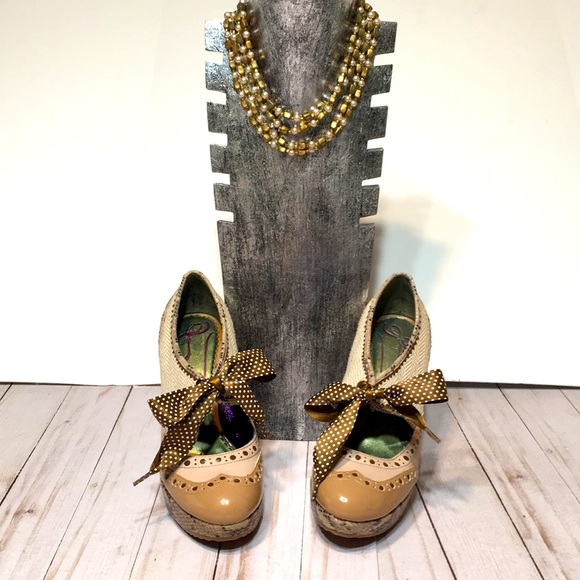 Poetic Licence Foolproof Oxford tan heel platform sexy bow retro sz 6 - Picture 3 of 14